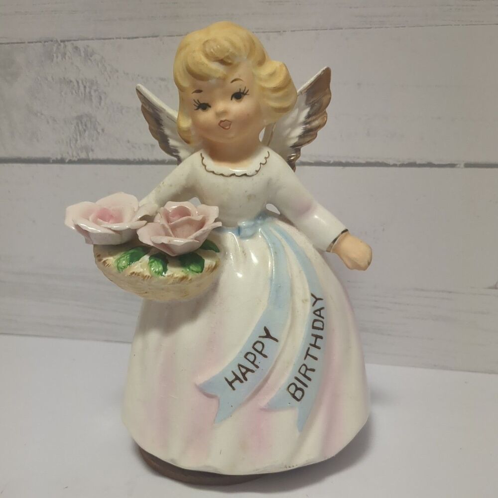 Vtg Lefton HAPPY BIRTHDAY Angel  6" Ceramic Pink Roses  Japan 3639 Musical